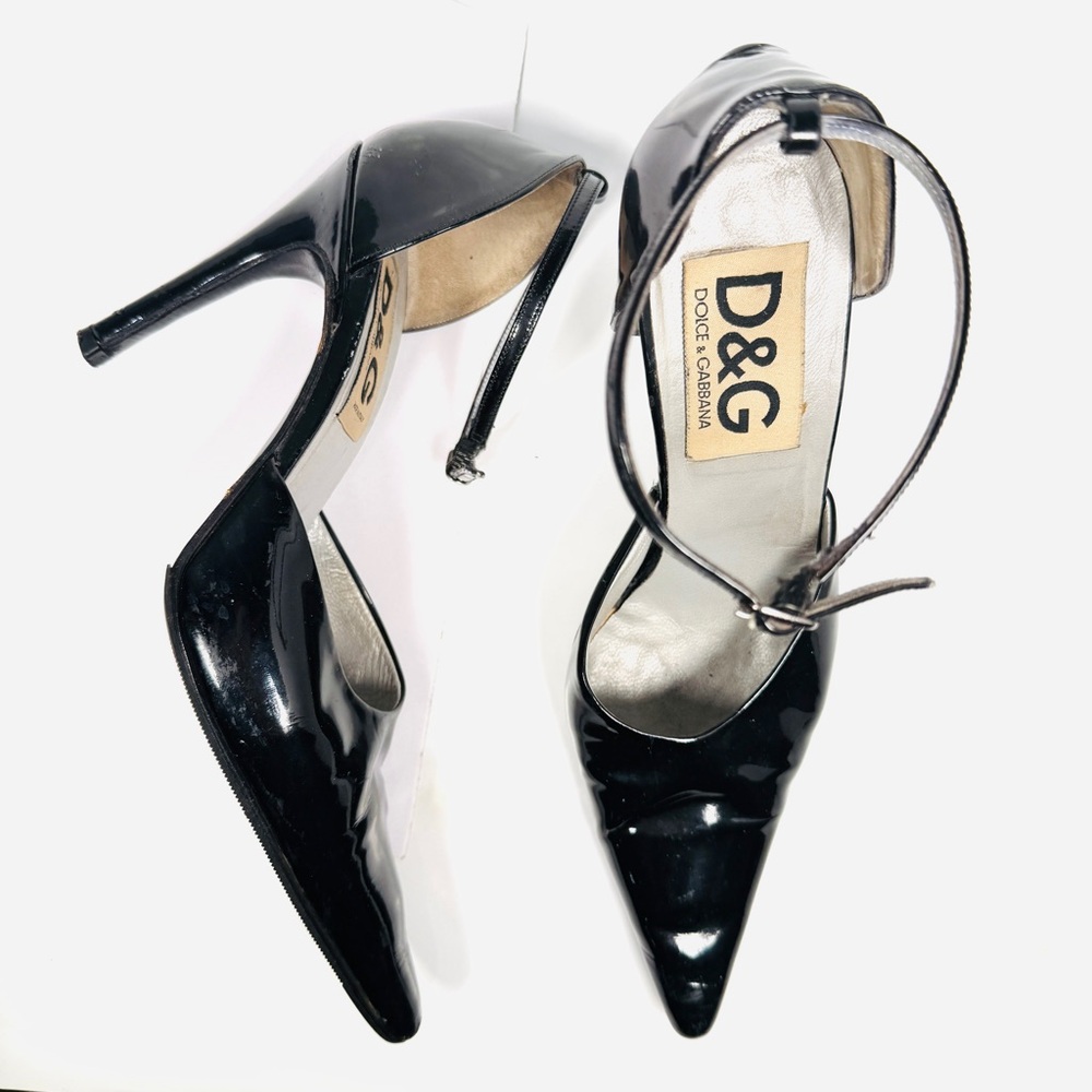 Dolce & Gabbana Heels Glossy Black Vintage 90's Ankle Strap Sz 8.5 US / 38.5 EU